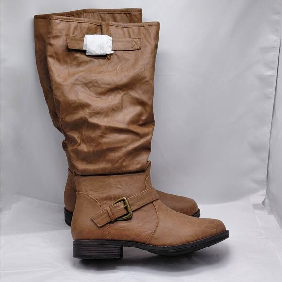 Journee Collection Women 10W Wide Calf Tan Knee High Slouch Riding Boots Buckle - Picture 6 of 11